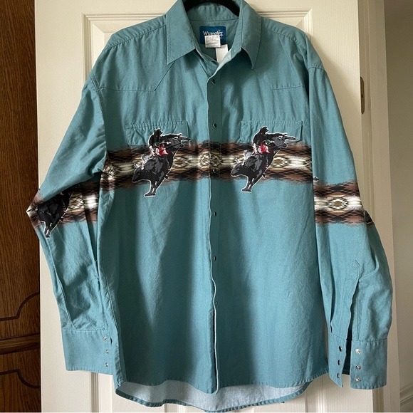 Wrangler Other - Wrangler Vintage Western Bull Rider Teal Green Button Down Long Sleeve Shirt XL